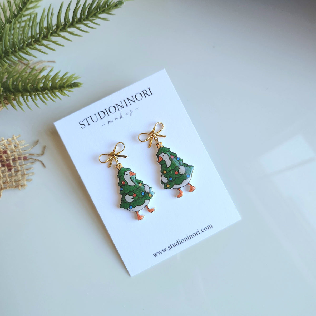 Christmas Tree Goose Bow Earrings