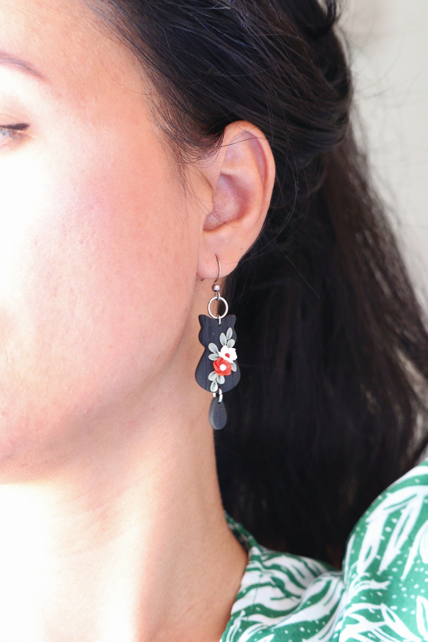 Black Floral Cat Earrings