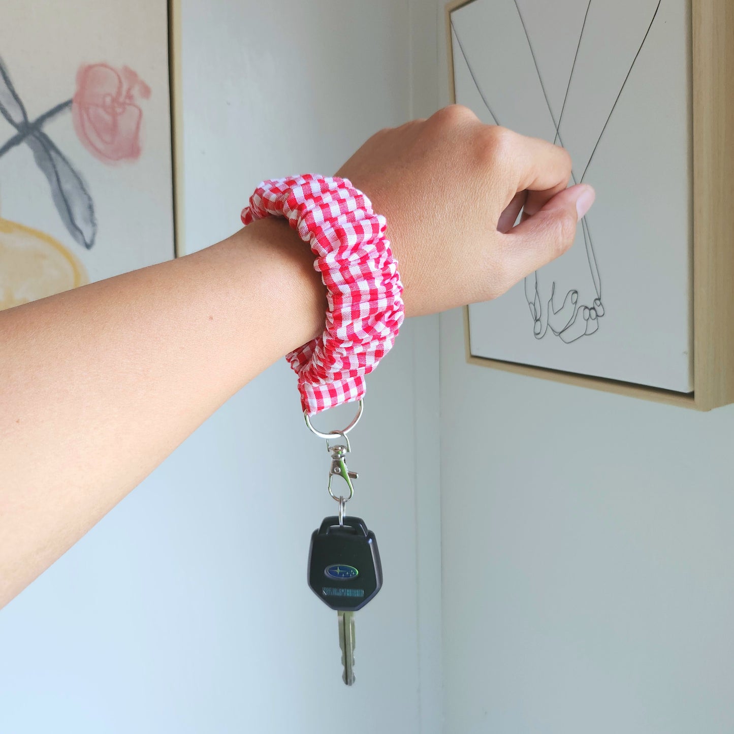 Red and White Gingham Scrunchy Wristlet Keychain