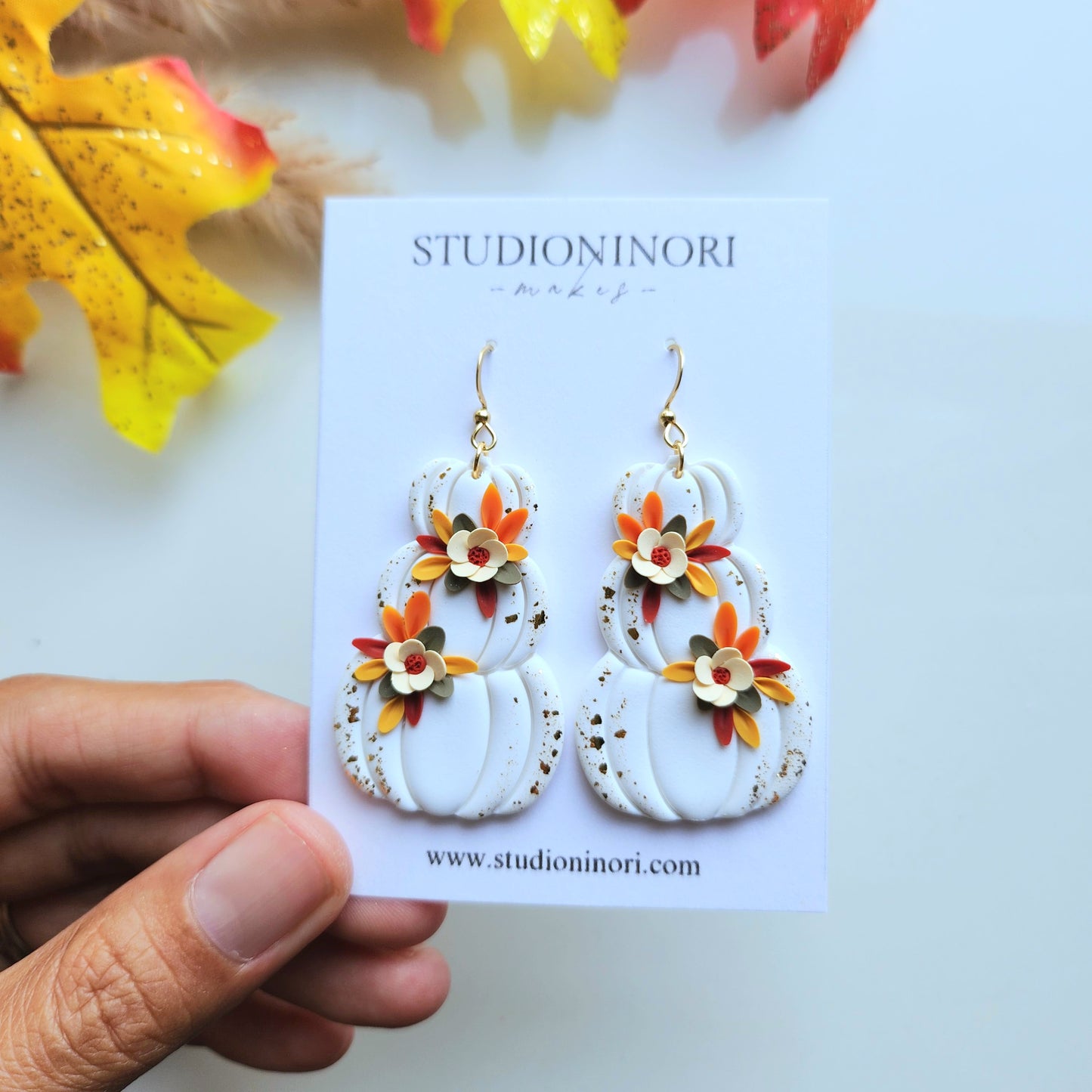 Floral White Stacked Pumpkin Earrings