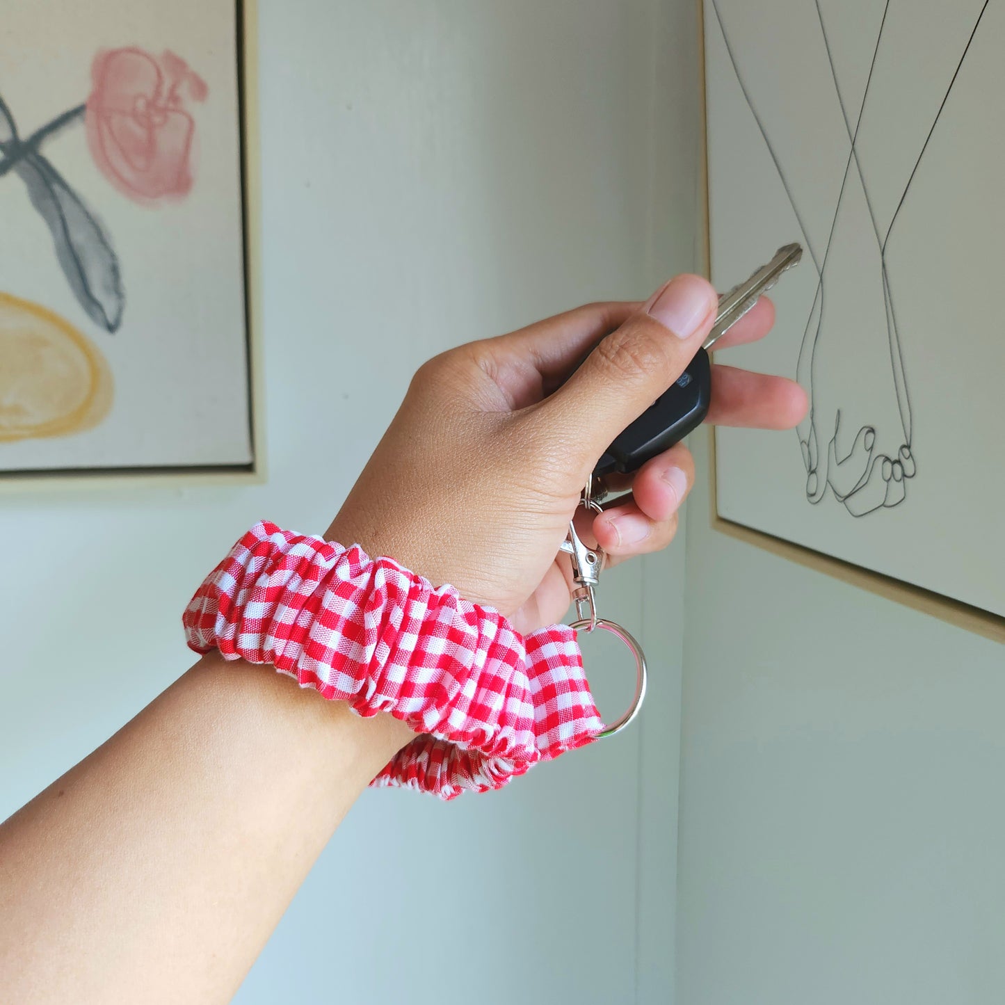 Red and White Gingham Scrunchy Wristlet Keychain