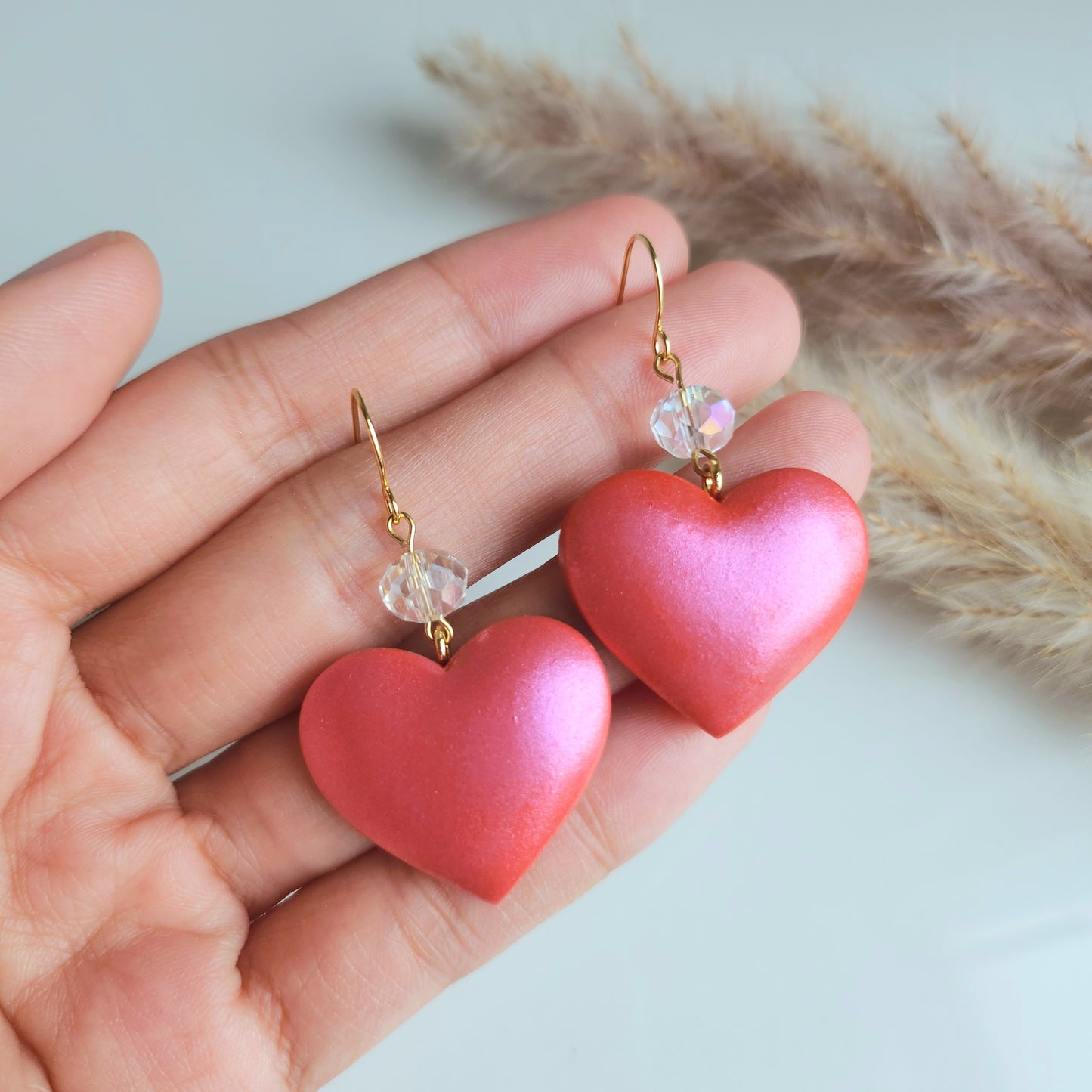 Pink Heart with Crystal Bead Dangle Earring