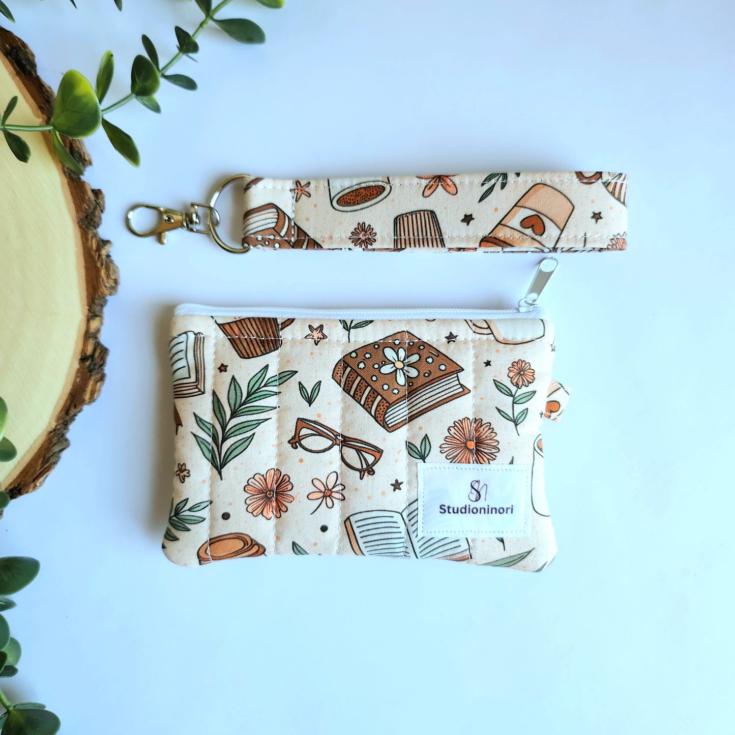 Quilted Coffee and Book Coin Pouch and Matching Keychain Wristlet