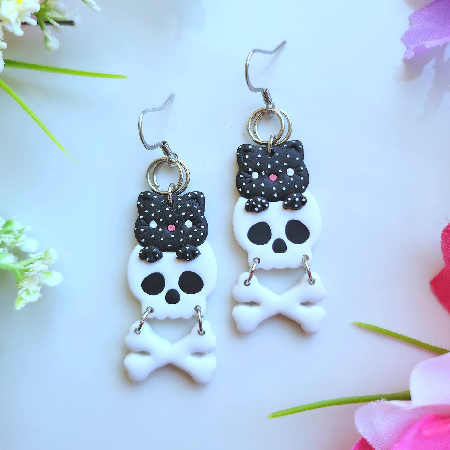 Black Cat on Skull Earring