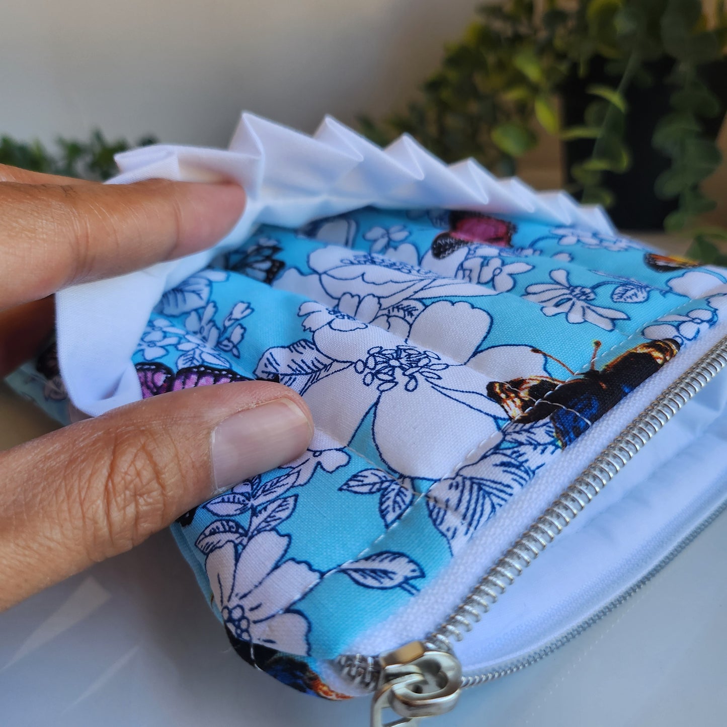 Quilted Kindle Sleeve, Blue Butterfly Ruffled Pocket E-Reader Pouch