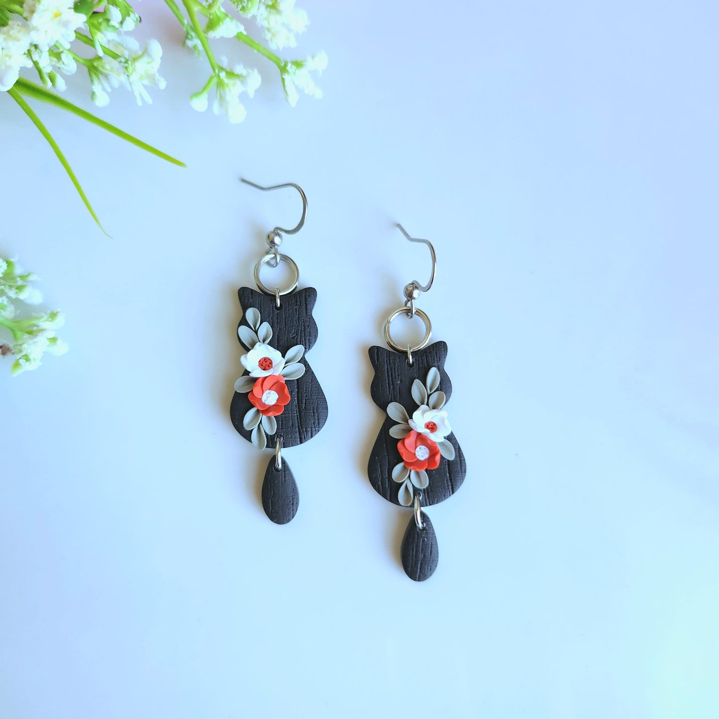 Black Floral Cat Earrings