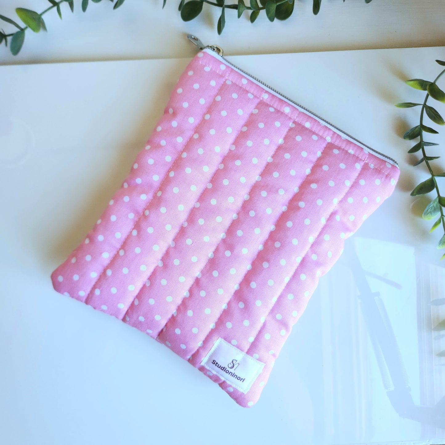 Quilted Kindle Sleeve, Pink Polka Dot Padded E-Reader Pouch, Gift for Book Lover