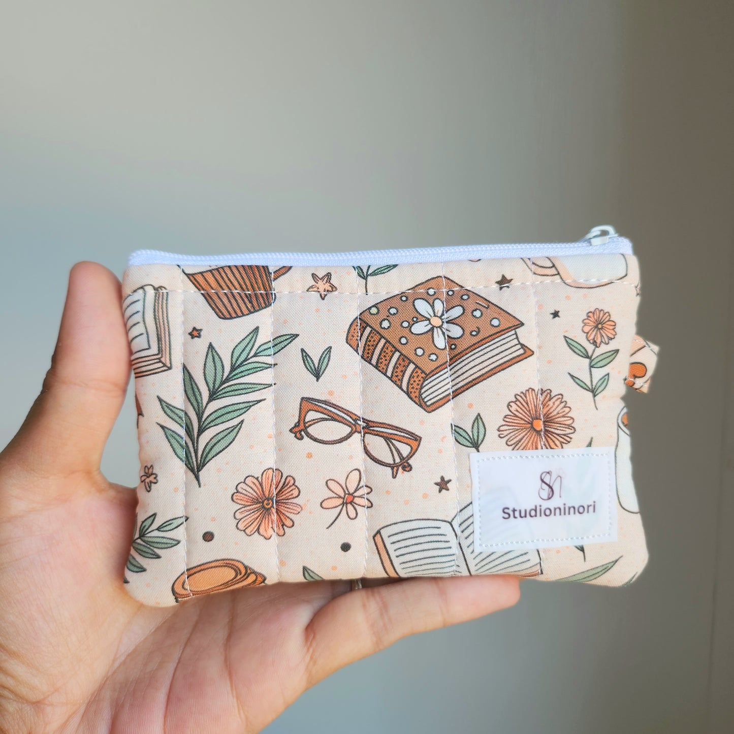 Quilted Coffee and Book Coin Pouch and Matching Keychain Wristlet