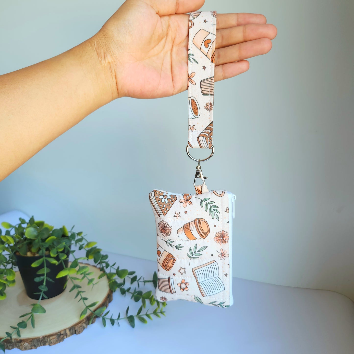 Quilted Coffee and Book Coin Pouch and Matching Keychain Wristlet