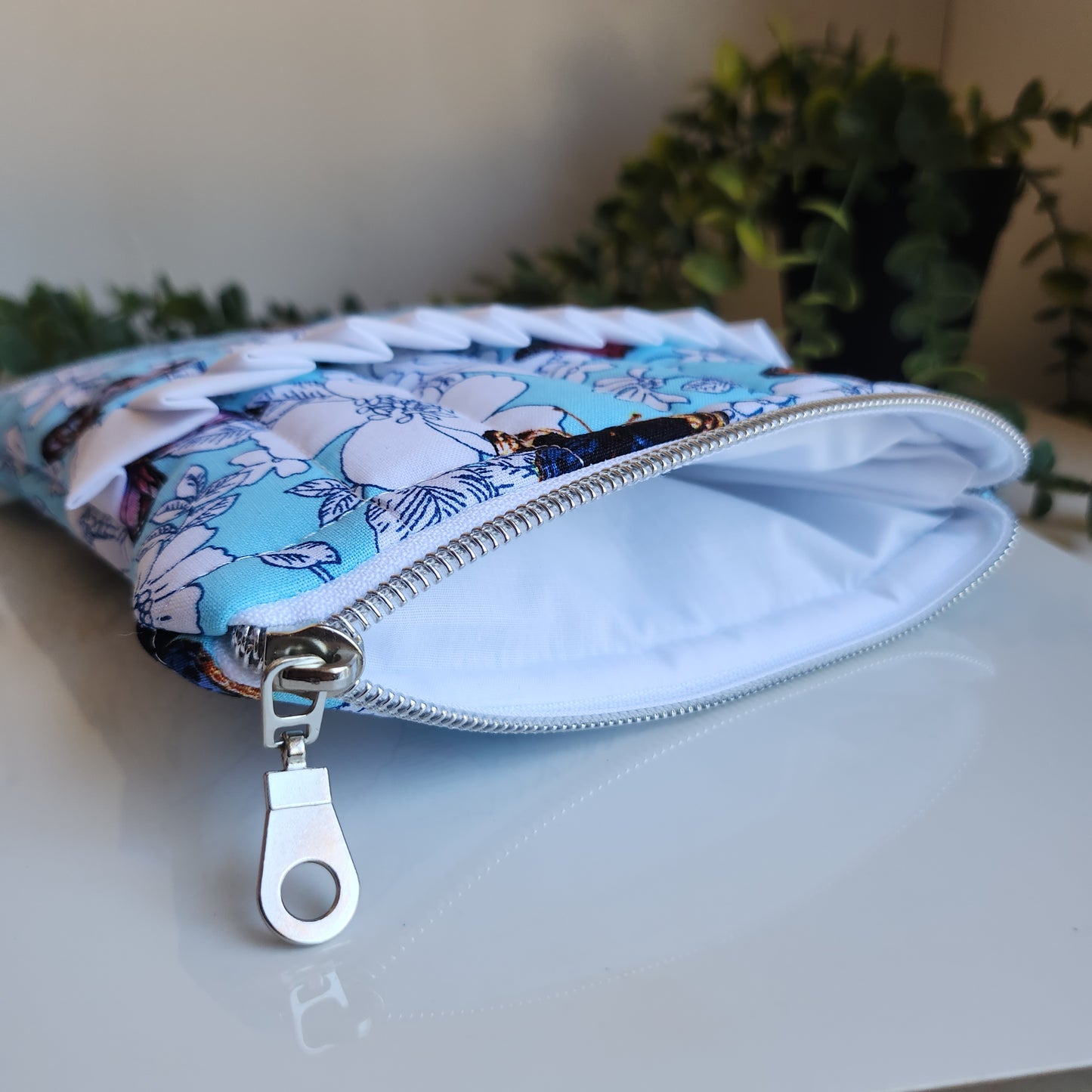 Quilted Kindle Sleeve, Blue Butterfly Ruffled Pocket E-Reader Pouch