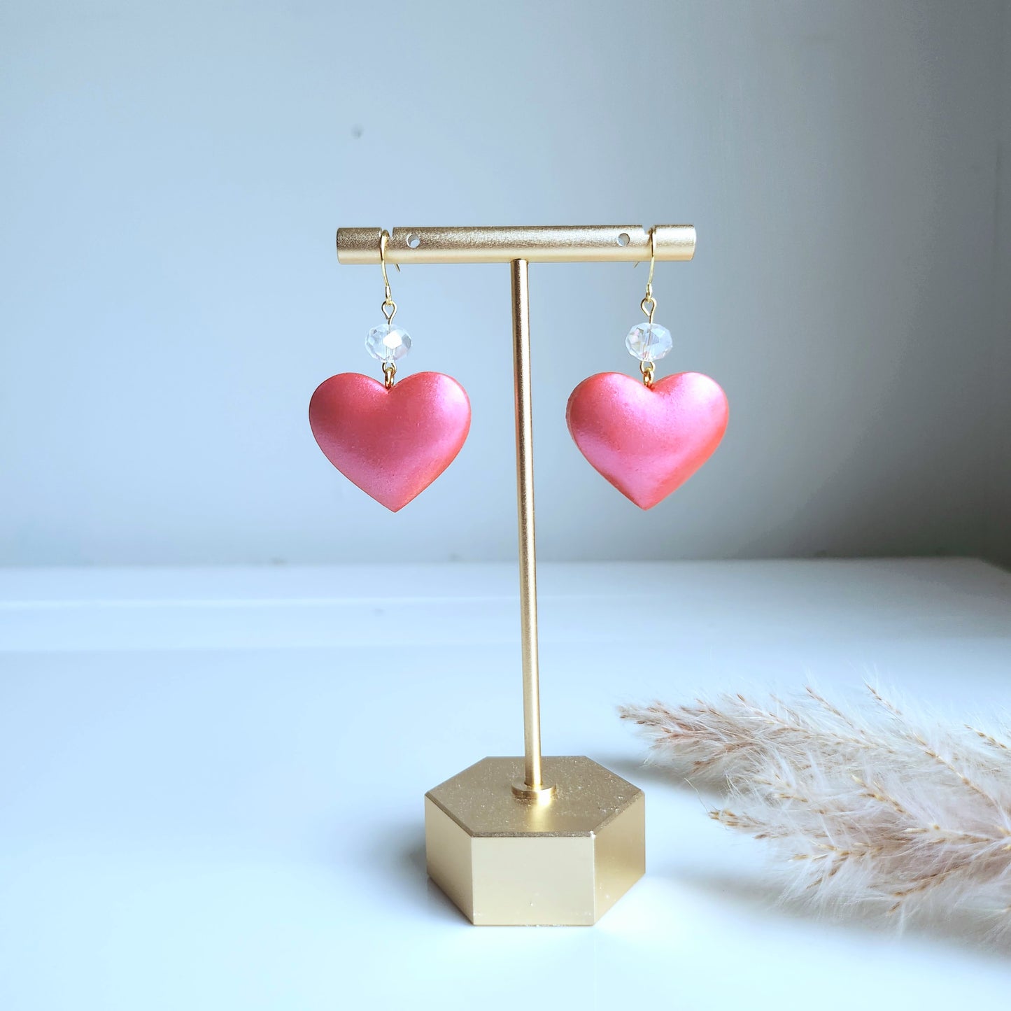 Pink Heart with Crystal Bead Dangle Earring
