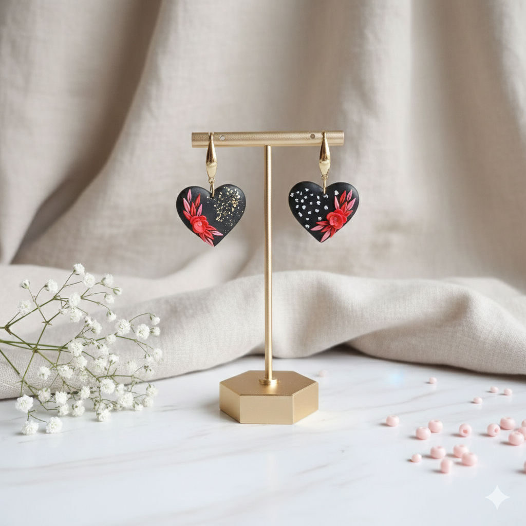Black Heart Floral Earrings