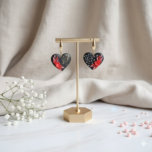 Black Heart Floral Earrings