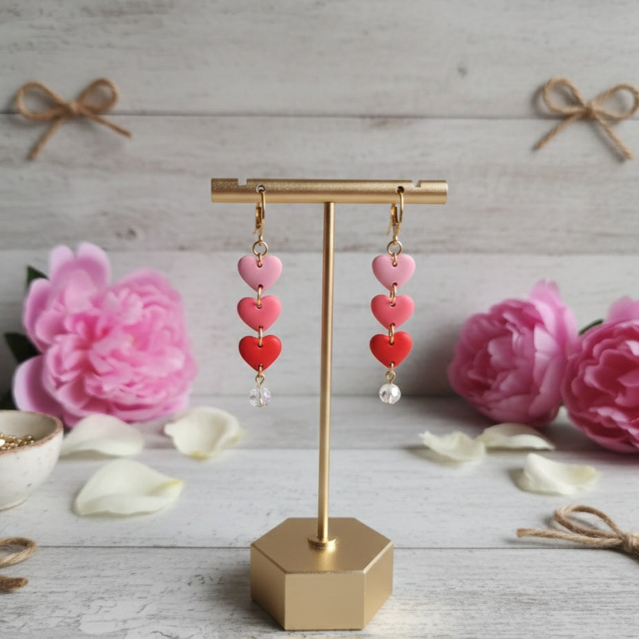 Small Trio Hearts with Chrystal Bead Earrings