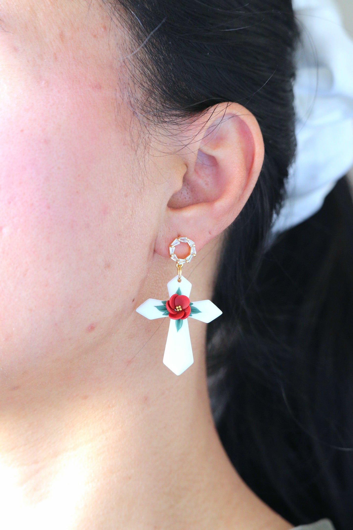 Circle CZ Floral Cross Earring