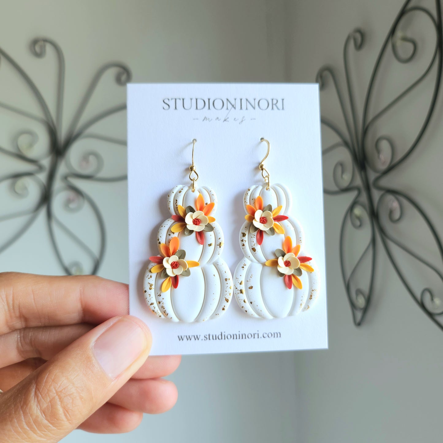Floral White Stacked Pumpkin Earrings