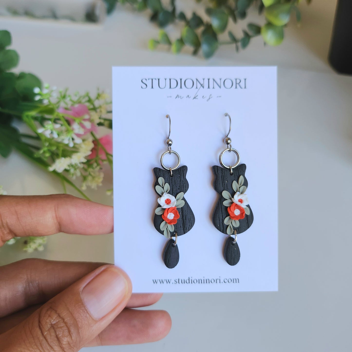 Black Floral Cat Earrings