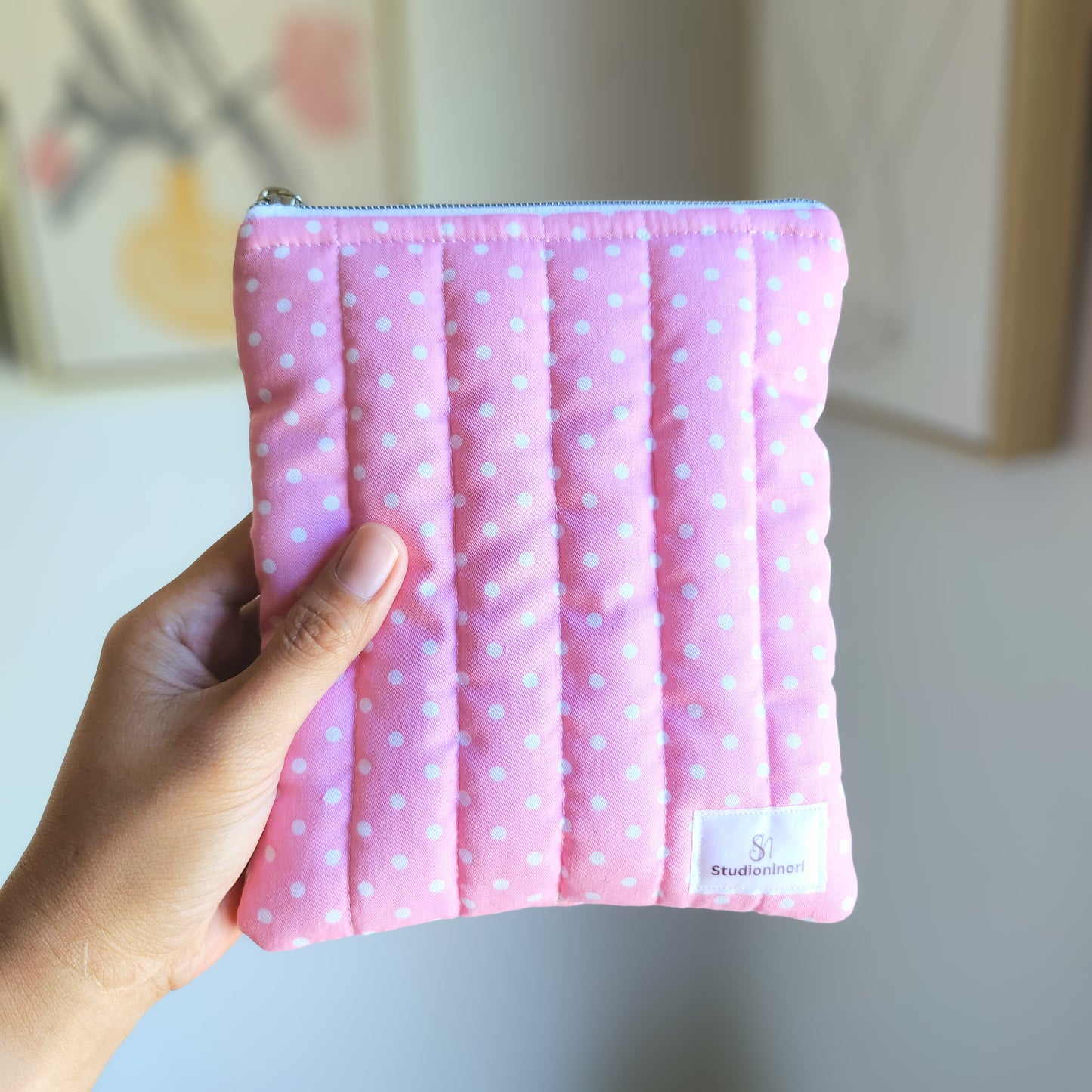 Quilted Kindle Sleeve, Pink Polka Dot Padded E-Reader Pouch, Gift for Book Lover