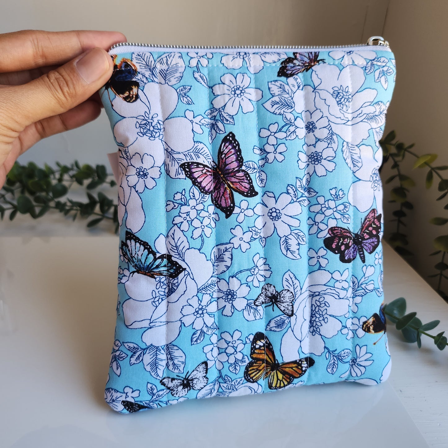 Quilted Kindle Sleeve, Blue Butterfly Ruffled Pocket E-Reader Pouch