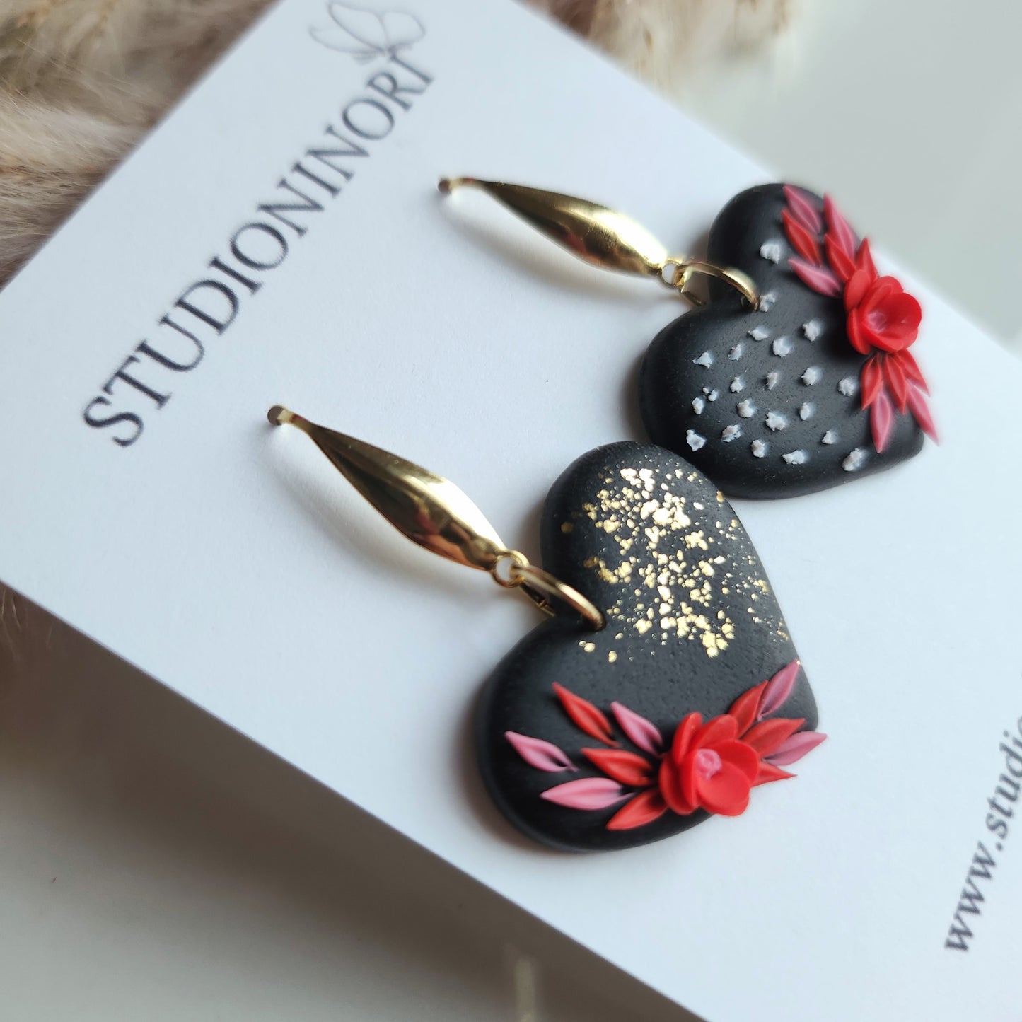 Black Heart Floral Earrings
