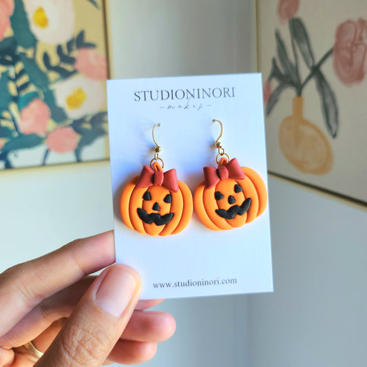 Spooky Cute Pumpkin with Bow Earrings