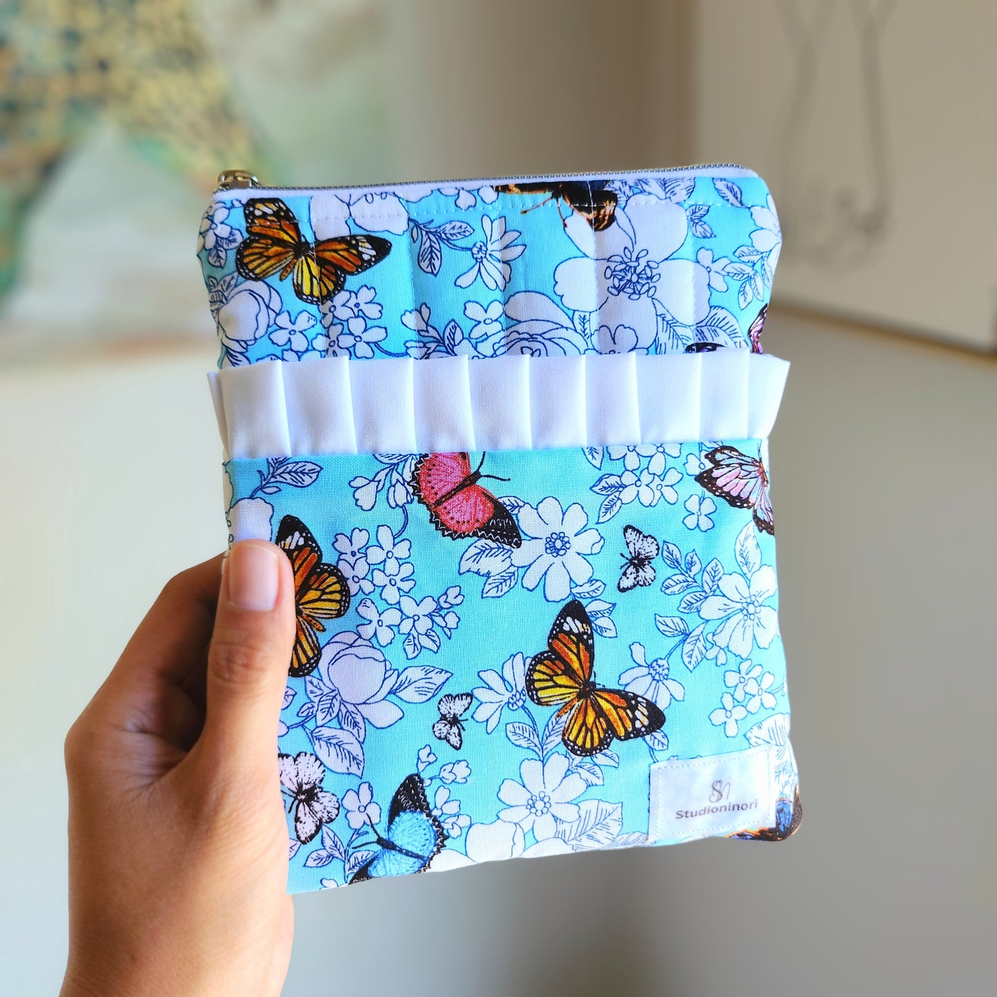 Quilted Kindle Sleeve, Blue Butterfly Ruffled Pocket E-Reader Pouch
