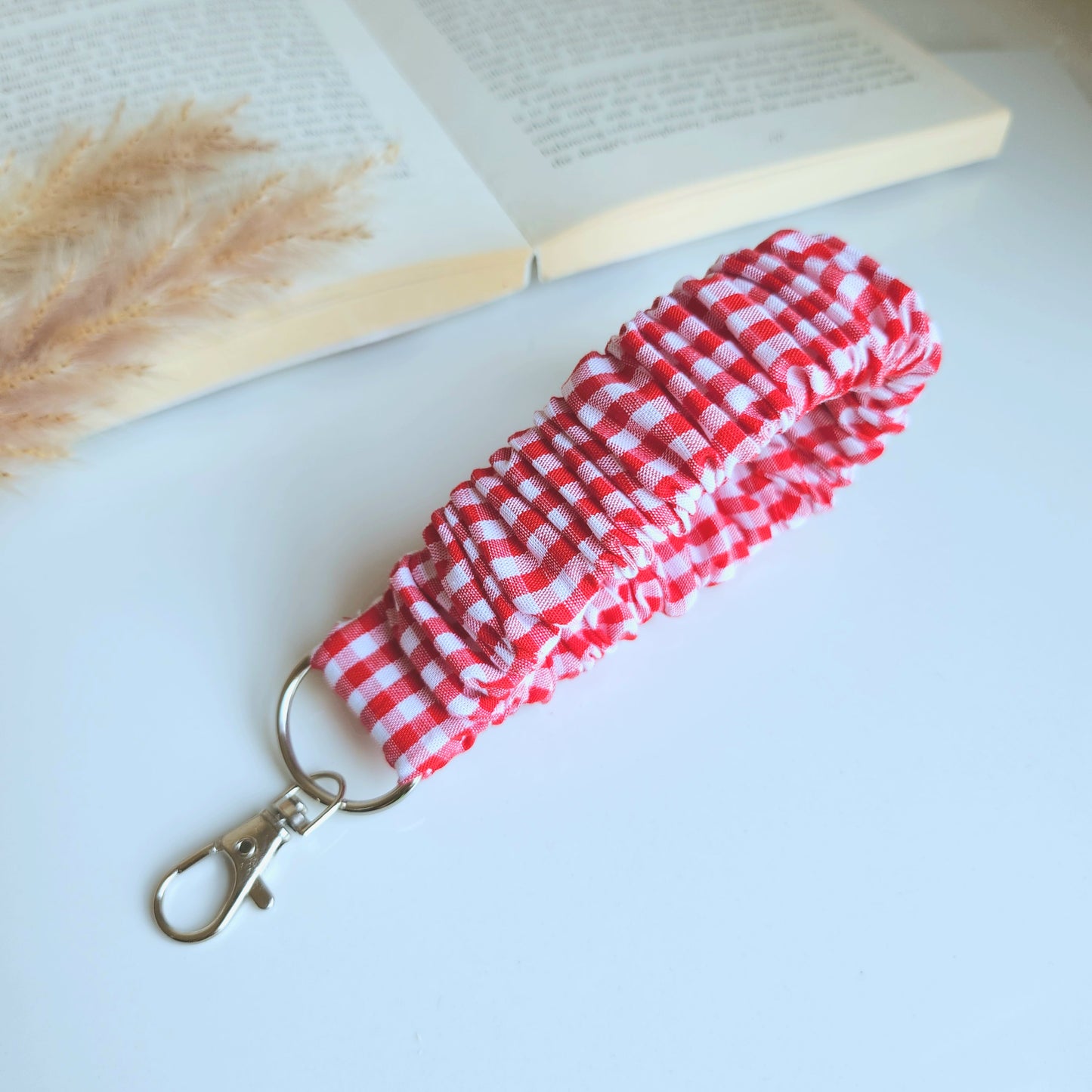 Red and White Gingham Scrunchy Wristlet Keychain