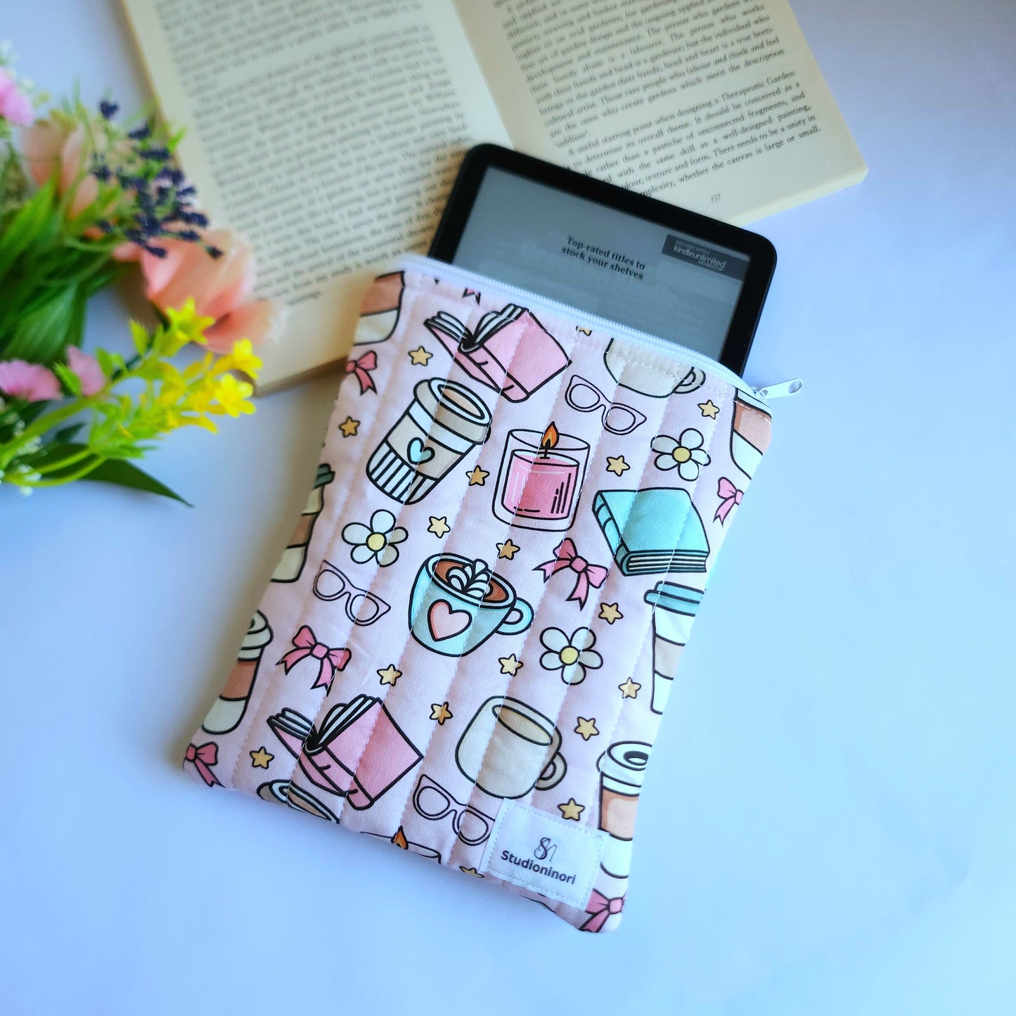 Pink Book and Coffee Kindle Sleeve