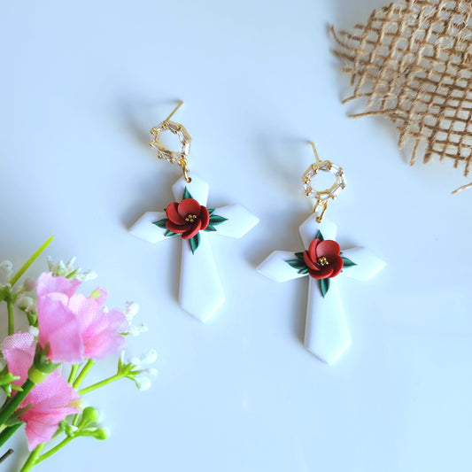 Circle CZ Floral Cross Earring
