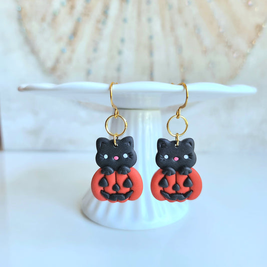 Black Cat in Pumpkin Earring