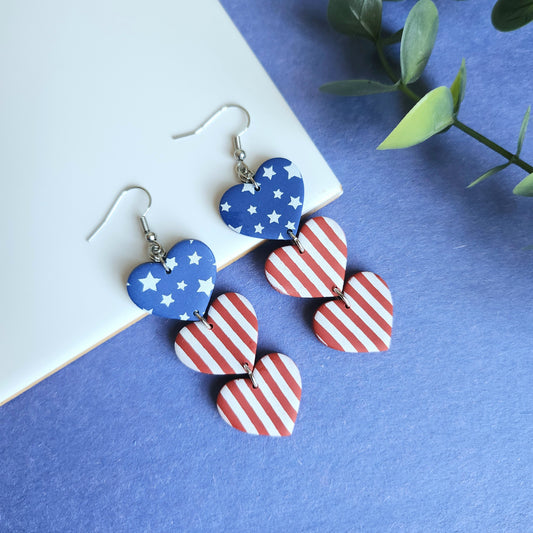 Patriotic Trio Hearts Dangle Earring