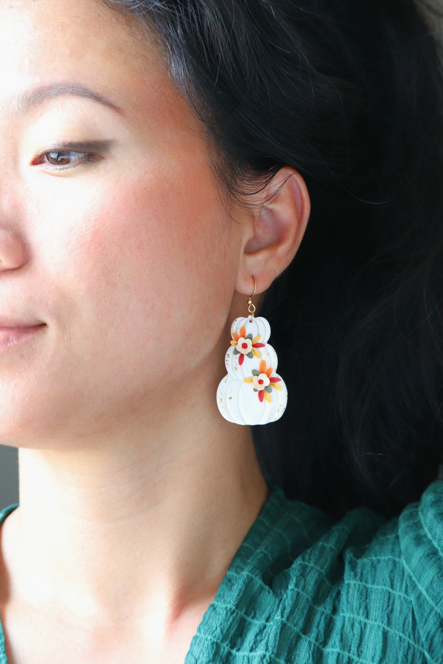 Floral White Stacked Pumpkin Earrings